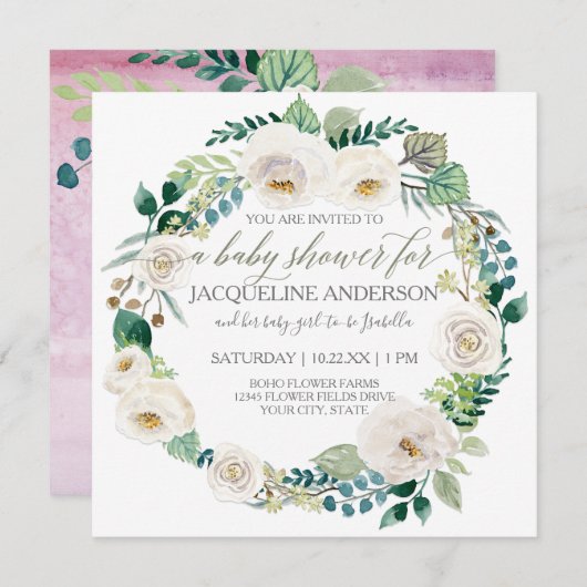 ガールベビーシャワーラベンダーホワイトローズリース 招待状 (正面/裏面)