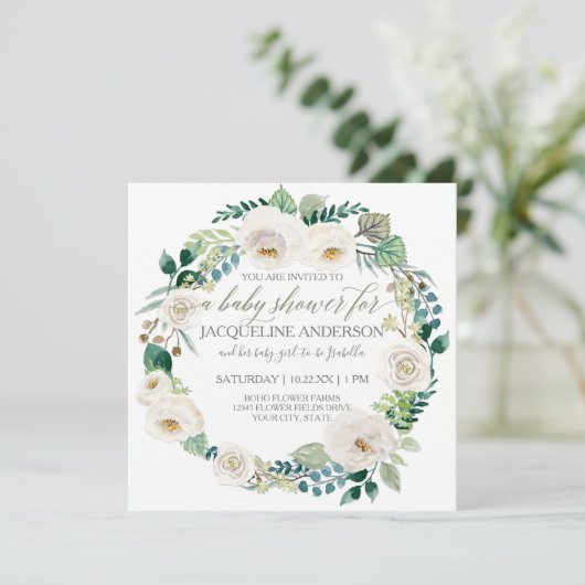 ガールベビーシャワーラベンダーホワイトローズリース 招待状 (スタンド正面)