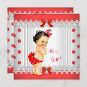 ガールベビーシャワーレッドホワイト水玉模様ブルネット 招待状 (正面/裏面)