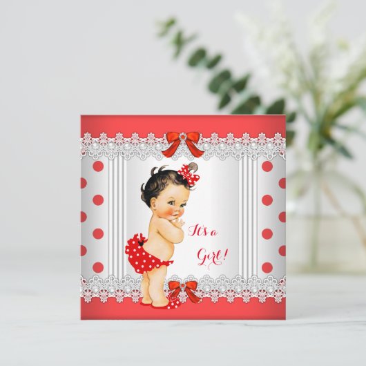 ガールベビーシャワーレッドホワイト水玉模様ブルネット 招待状 (スタンド正面)