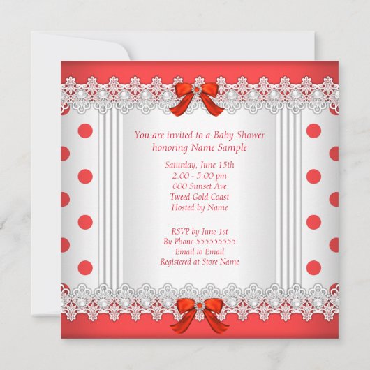 ガールベビーシャワーレッドホワイト水玉模様ブルネット 招待状 (裏面)