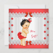 ガールベビーシャワーレッドホワイト水玉模様ブルネット 招待状 (正面)