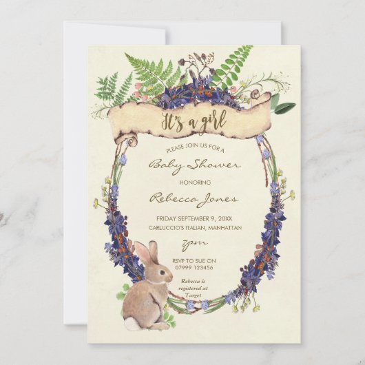 ガールベビーシャワー招待林ウサギバンニー 招待状 (正面)