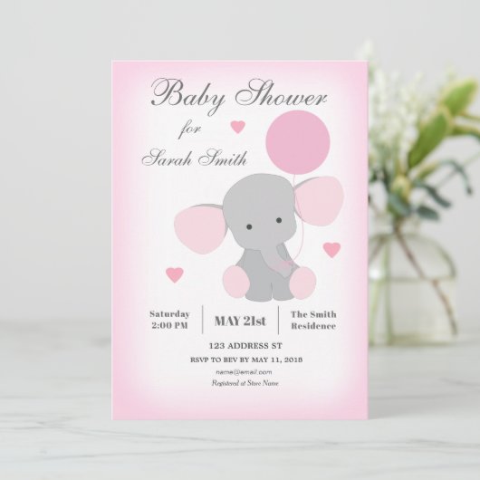ガールベビーシャワー招待状エレファントピンク 招待状 (スタンド正面)