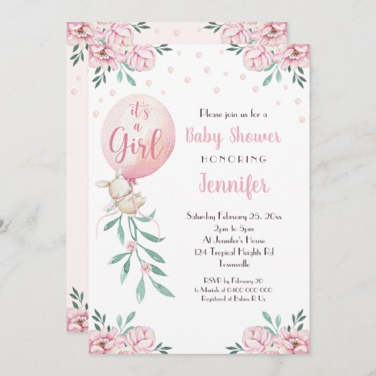 ガールベビーシャワー招待状バルーンピンクベビー 招待状 (正面/裏面)
