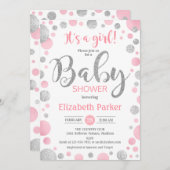 ガールベビーシャワー招待状 – ピンクシルバードット 招待状 (正面/裏面)