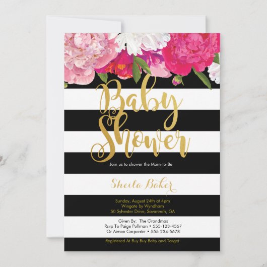 ガールベビーシャワー招待状-フローラ白黒 招待状 (正面)