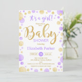 ガールベビーシャワー招待状 – 紫の金ゴールドドット 招待状 (スタンド正面)