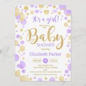 ガールベビーシャワー招待状 – 紫の金ゴールドドット 招待状 (正面/裏面)