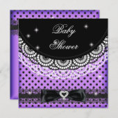 ガールベビーシャワー水玉模様パーティーパープルブラック 招待状 (正面/裏面)