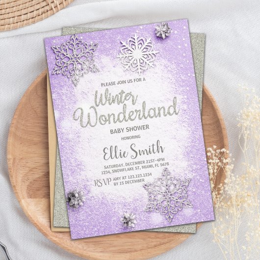 ガールベビーシャワー用の編集可能スノーフレークテーマカード 招待状