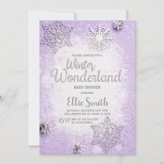 ガールベビーシャワー用の編集可能スノーフレークテーマカード 招待状 (正面)
