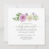 ガールベビーシャワー薄紫n白バラ葉葉 招待状 (正面)