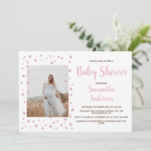 ガールベビーシャワー赤面ピンクエレガント写真 招待状 (スタンド正面)