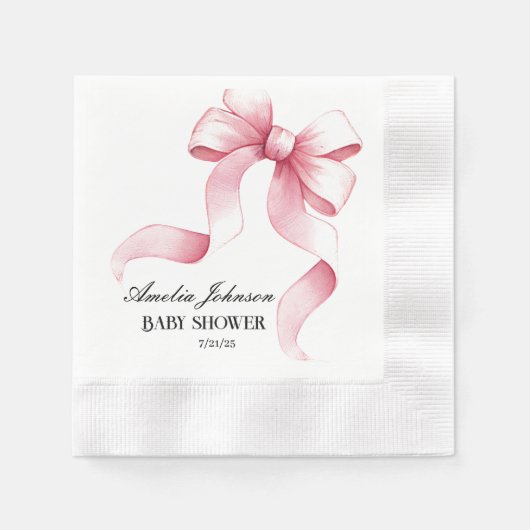 ガールベビーシャワー赤面ピンクリボンコケット 縁ありカクテルナプキン (正面)