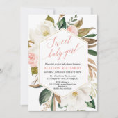 ガールベビーシャワー赤面緑のマグノリアフローラ 招待状 (正面)