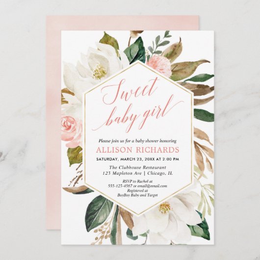 ガールベビーシャワー赤面緑のマグノリアフローラ 招待状 (正面/裏面)