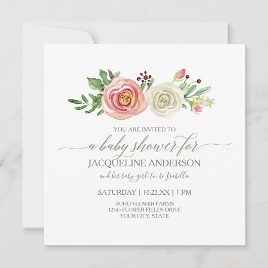 ガールベビーシャワー赤面nホワイトローゼズ素朴ウッド 招待状 (正面)