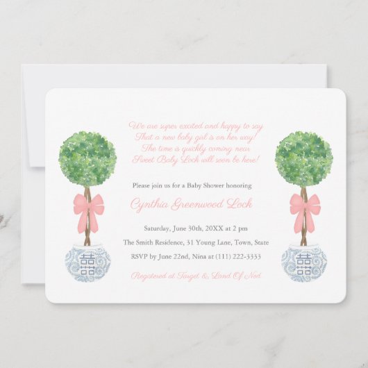 ガールベビーシャワー頭が切れる棒つきキャンデートピアリーピンクボウ 招待状 (正面)