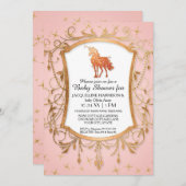 ガールベビーシャワー魔法の一角獣バラ金ゴールド輝き 招待状 (正面/裏面)