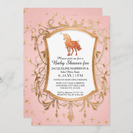 ガールベビーシャワー魔法の一角獣バラ金ゴールド輝き 招待状 (正面/裏面)