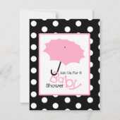 ガールベビーシャワー-ピンクの傘と水玉模様 招待状 (正面)