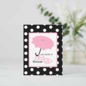 ガールベビーシャワー-ピンクの傘と水玉模様 招待状 (スタンド正面)