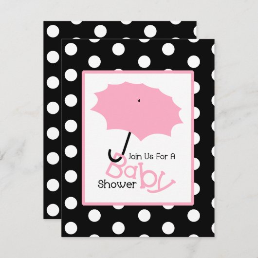 ガールベビーシャワー-ピンクの傘と水玉模様 招待状 (正面/裏面)