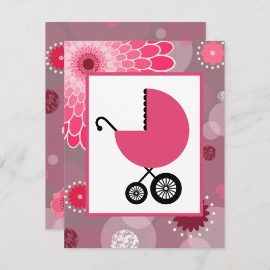 ガールベビーシャワー-ピンクの点と花 招待状 (正面/裏面)