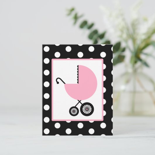 ガールベビーシャワー-ピンクの車と水玉模様 招待状 (スタンド正面)