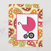 ガールベビーシャワー-ペイズリー&ピンクキャリッジ 招待状 (正面/裏面)