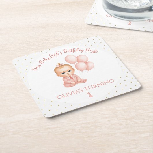 ガールベビーボスバースデーパーティー – ピンクボスベビー- スクエアペーパーコースター (アングル)