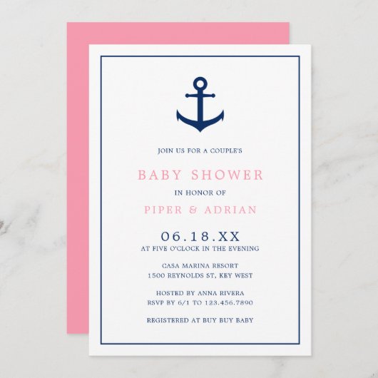 ガールベビー航海のピンクブルーいかりカップルシャワー 招待状 (正面/裏面)