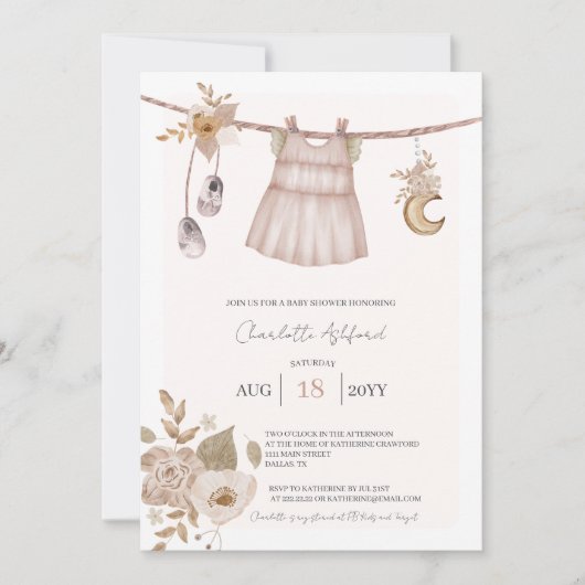 ガールベビー衣服保ベビーシャワー招待状 招待状 (正面)