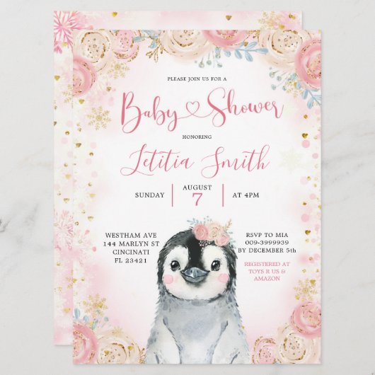 ガールペンギンウィンタースノーフレークベビーシャワー招待状 招待状 (正面/裏面)