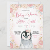 ガールペンギンウィンタースノーフレークベビーシャワー招待状 招待状 (正面)