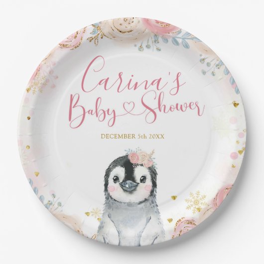 ガールペンギンウィンタースノーフレーク紙プレート ペーパープレート (正面)