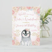 ガールペンギンウィンタースノーフレーク誕生日招待状 招待状 (スタンド正面)