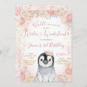 ガールペンギンウィンタースノーフレーク誕生日招待状 招待状 (正面/裏面)