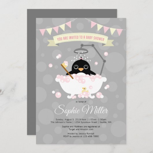 ガールペンギンベビーシャワー招待状 招待状 (正面/裏面)