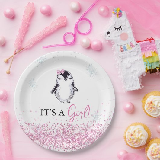 ガールペンギン冬のベビーシャワー ペーパープレート (パーティー)