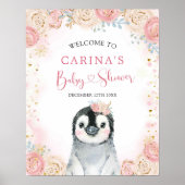 ガールペンギン冬スノーフレーク歓迎サイン ポスター (正面)