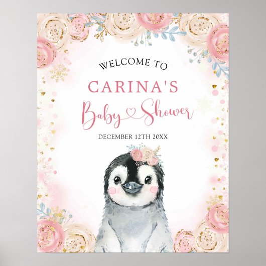 ガールペンギン冬スノーフレーク歓迎サイン ポスター (正面)