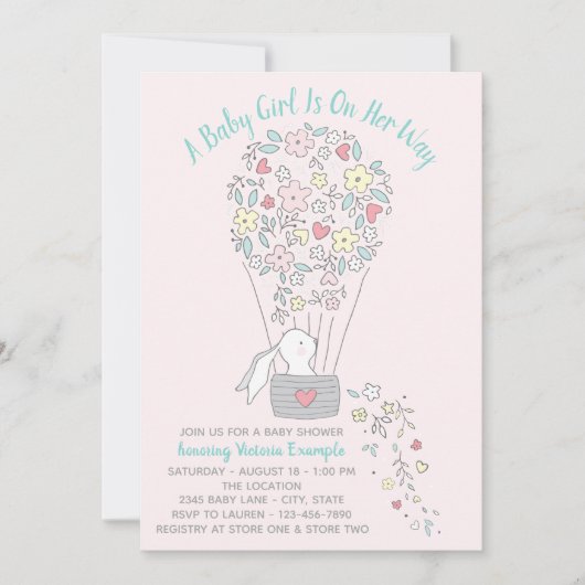 ガールホットエアバルーンバニーベビーシャワー招待状 招待状 (正面)