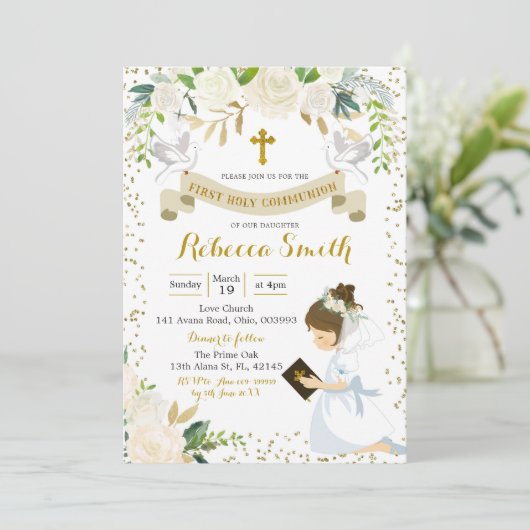 ガールホワイトフローラファーストホーリーコミュニオン招待状 招待状 (スタンド正面)