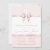 ガールボウバプティスファースト誕生日ピンクリボンクロス 招待状 (正面)