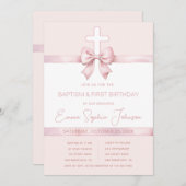 ガールボウバプティスファースト誕生日ピンクリボンクロス 招待状 (正面/裏面)