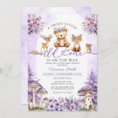 ガールボウパープルディアウッドランドワイルドワンベビーシャワー 招待状 (正面/裏面)
