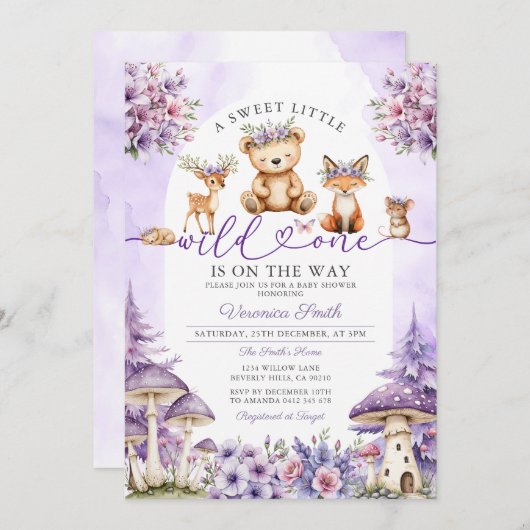 ガールボウパープルディアウッドランドワイルドワンベビーシャワー 招待状 (正面/裏面)