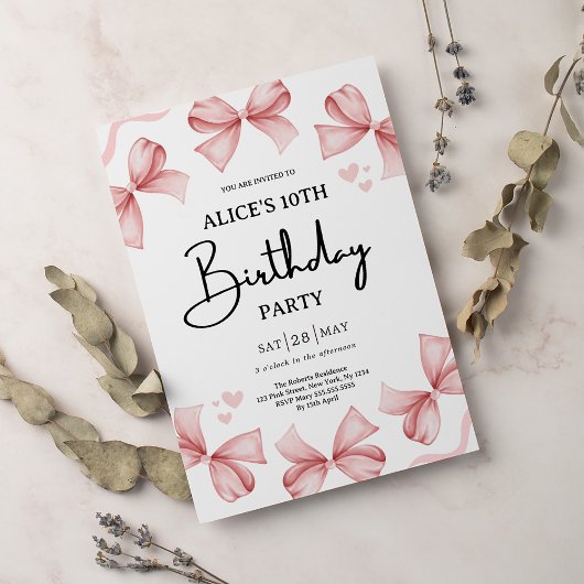 ガールボウピンク誕生日パーティーの招待 招待状